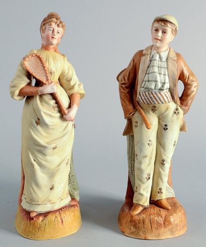null Statue en biscuit. «Couple de joueurs». Circa 1880. Patine polychrome. Hauteur...
