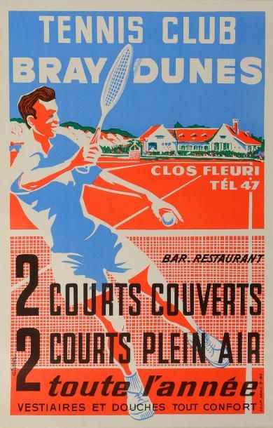 null Affiche. «Tennis Club Bray Dunes». Illustrée par C.Guion. Dim. 38 x 58 cm. ...