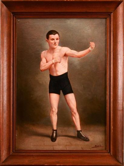 null Huile sur toile. «Boxeur en garde à mains nues». Signée Doria. Circa 1910. Très...