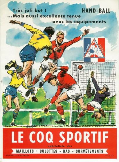 null Affichette «Le Coq Sportif». Illustration de Paul Ordner. Vers 1950. Le hand...