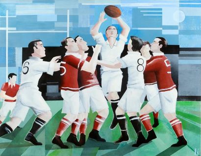 null Acrylique sur toile de Karl Gustausen (né en 1968). «Le Match de Rugby». Monogrammée...
