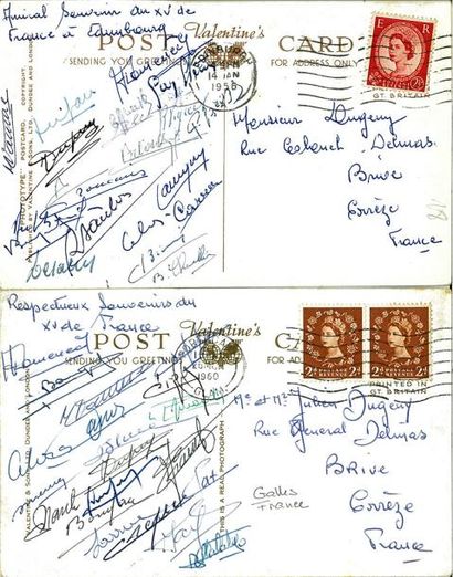 null Ensemble de 2 cartes postales avec signatures des joueurs du XV de France lors...