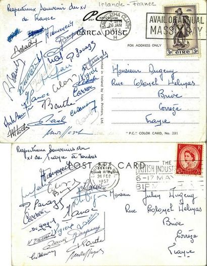 null Ensemble de 2cartes postale avec signatures des joueurs du XV de France lors...