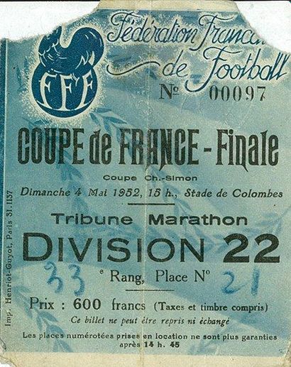 null Billet officiel de la Coupe de France 1952entre l?OGC Nice et les girondins...