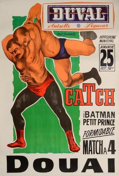 null Affiche. «Grand combat de Catch». Le 25 octobre 1965 à Douai. Dim. 80 x 118...