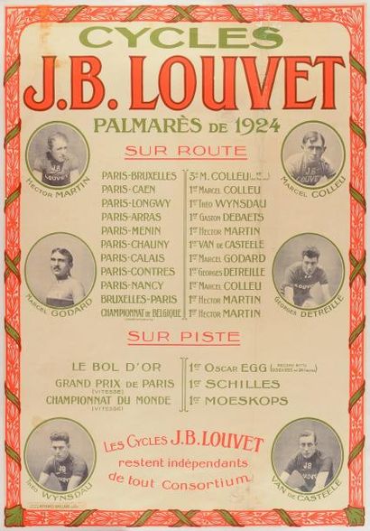 null Affiche palmarès de la saison 1924 des cycles J.B. Louvet. Dim. 56 x 76 cm....