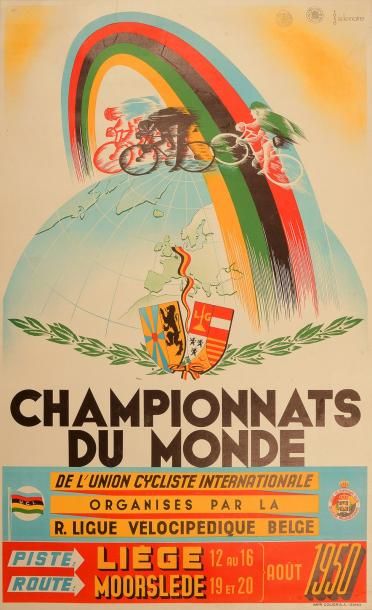null Affiche des Championnats du Monde de cyclisme 1950 à Liège pour la piste et...