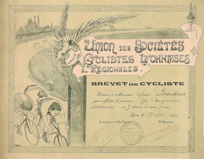 null Diplôme de l?Union des Sociétés cyclistes Lyonnaise attribué en 1909. Illustration...