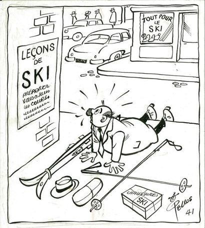 null Pellos. Dessin original à l?encre. «Leçons de ski» paru dans le N° 918 de Miroir...