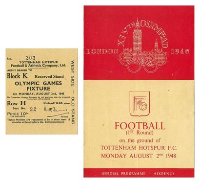 1948. Londres Programme et billet officiel pour la rencontre de football entre la...