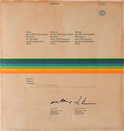 1972. Munich Diplôme officiel de participant attribué à Keith Mitchell (officiel)....