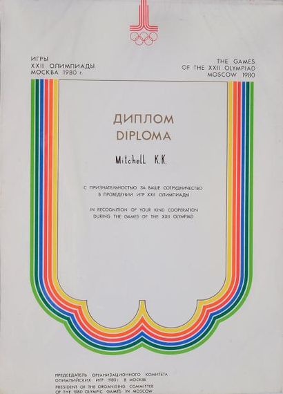 1980. Moscou Diplôme officiel de participant attribué à Keith Mitchell. Dim. 26 x...