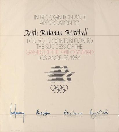 1984. Los Angeles Diplôme officiel de participant attribué à Keith Mitchell. Dim....