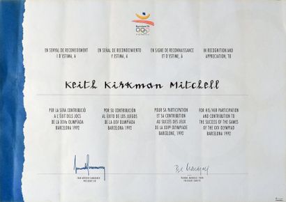 1992. Barcelone Diplôme officiel de participant attribué à Keith Mitchell. Format....