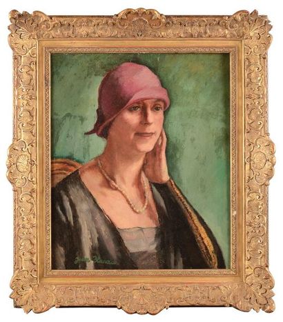 Jean Hanau (1899-1966) Femme au chapeau rouge Huile sur toile signée en bas à gauche....