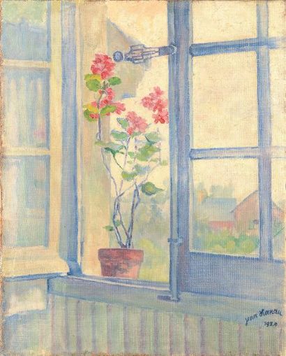 Jean Hanau (1899-1966) Pot de fleurs sur le rebord de la fenêtre1920 Huile sur toile...