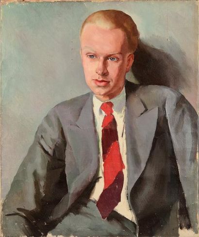 Jean Hanau (1899-1966) Portrait d'homme à la cravate rouge Huile sur toile. 65 x...