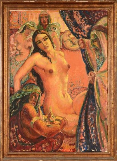 François QUELVEE (1884 - 1967) Le Harem Huile sur toile. 117 x 81 cm Etiquette au...