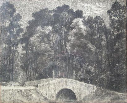 Pierre PRINS (1838-1913) Petit pont à St Evroult1887 Fusain sur papier vergé, signé...