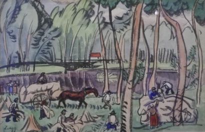 Jules ZINGG (1882-1942) Fenaison le long de la rivière Aquarelle et encre de chine...