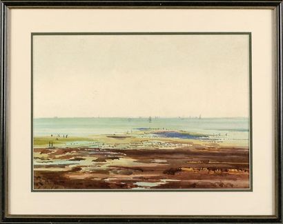 Jean Henri Chouppe (1817-1894) Plage à La Rochelle Gouache signée en bas à gauche,...