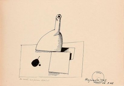Constantin HAGONDOKOFF (1934) Carafe et poire cubiste Plume signée et datée 008 en...