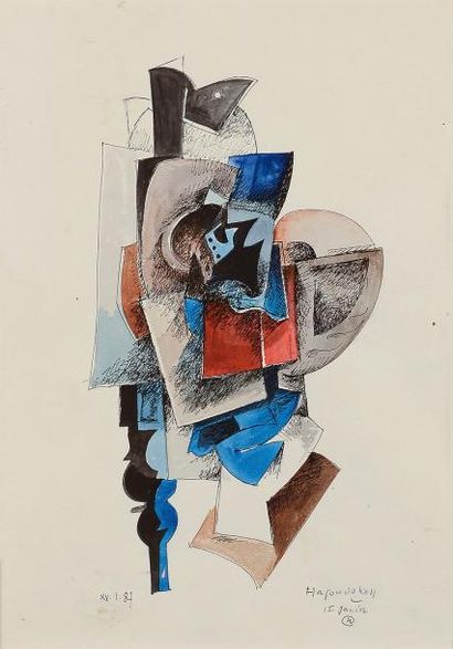 Constantin HAGONDOKOFF (1934) Composition cubiste 1987 Aquarelle sur traits de plume...