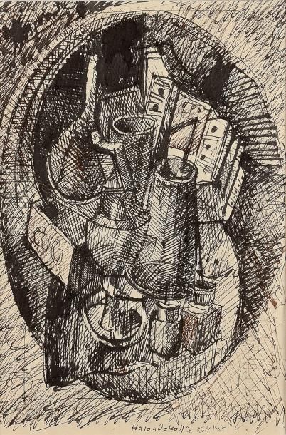 Constantin HAGONDOKOFF (1934) Cafetière et verre cubistes 1987 Dessin à la plume...