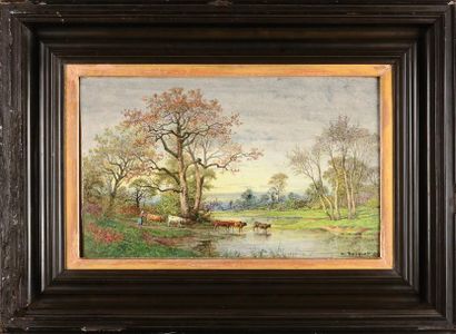 Michel Bouquet (1807-1890) Troupeau de vaches à la rivière Peinture sur terre cuite...
