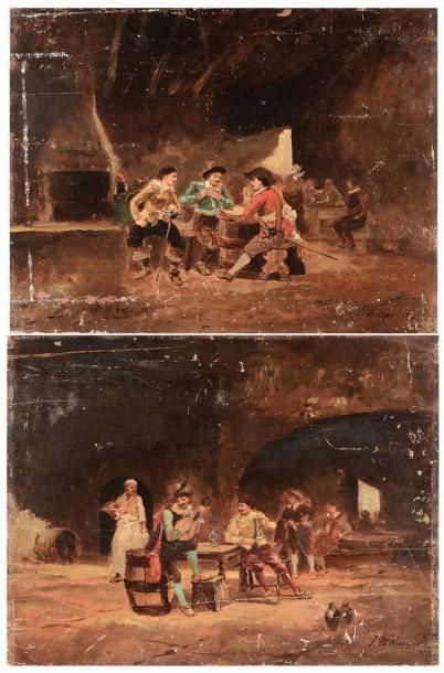 J.de Ninville (XIXe) Scène de taverne Paire d'huiles sur panneaux signée en bas à...