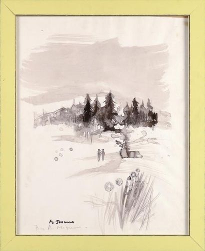 Michel JOUENNE (1933) Paysage de neige Lavis signé et dédicacé en bas à gauche. 40...