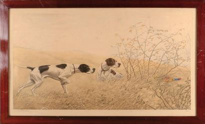 LeonDanchin (1887-1938) Deux chiens en arret devant un faisan Grande gravure signée....