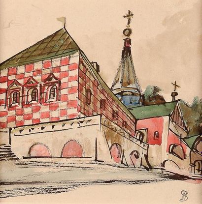 Stanislas Noakowski (1867-1928) Eglise russe Aquarelle signée des initiales en bas...
