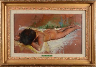 Jacques Fabre de Thierens (1895-1973) Nu couché Huile sur panneau. 32 x 54 cm.
