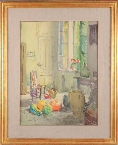 LOUIS MONTAGNE (1879-1960) Interieur Aquarelle signée en bas à droite. 60 x 45 c...