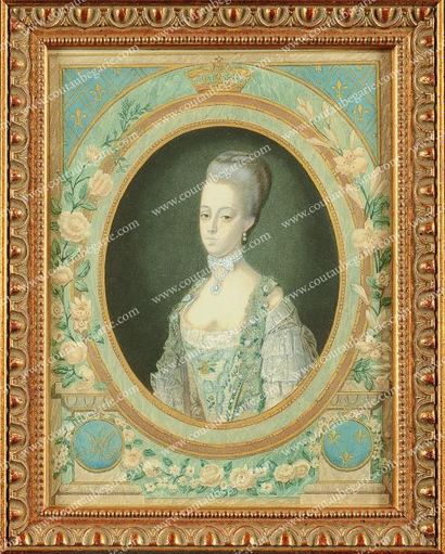 null Marie-Antoinette, reine de France. Lithographie ovale rehaussée à l'aquarelle...