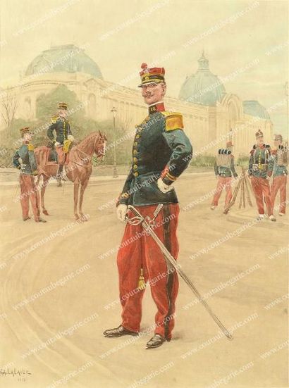 null Militaire en faction devant le Grand Palais. Lithographie, par Alphonse Lalauze...