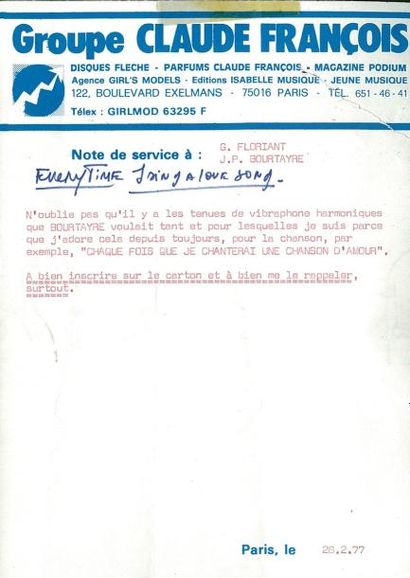 1977 Rarissime note de service de Claude François destinée à ses principaux compositeurs...