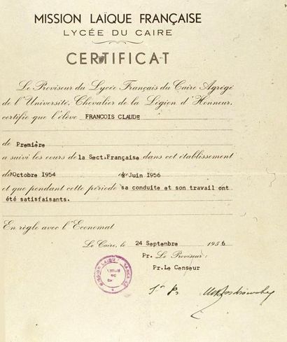 1956 Le certificat de scolarité de Claude François. Lycée français du Caire. Daté...