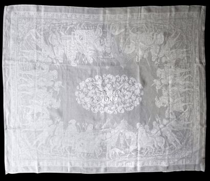 null Suite de six serviettes en damas de lin historié à décor troubadour, vers 1840-1850,...