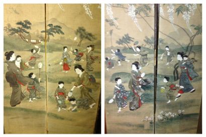 null Paravent à quatre feuilles, Japon, vers 1930,décor peint sur toile de paysage...