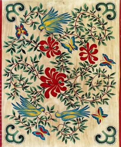 null Carton de tapisserie, vers 1930-1940, gouache sur papier; rinceaux fleuris peuplés...