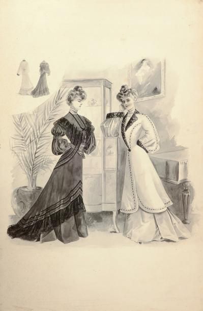 null Deux élégantes au salon, dessin original pour périodique de mode, vers 1907,...