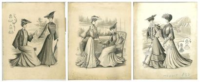 null Les deux amies, trois dessins originaux pour périodique de mode, vers 1907,...