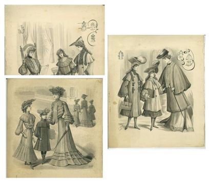 null Mères et filles, trois dessins originaux pour périodique de mode, vers 1907,...