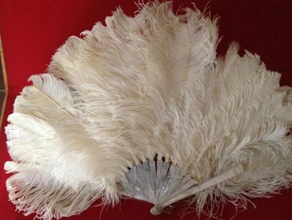 null Eventail, vers 1900, monture en nacre garnie de plumes d'autruche blanches....