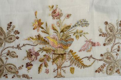 null Bas de robe en mousseline des Indes brodée, vers 1790-1800, décor en soie floche...