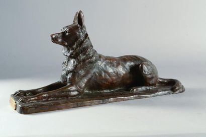 TOURGUENEFF Pierre-Nicolas (1854-1912) Chien berger allemand couché. Bronze à patine...
