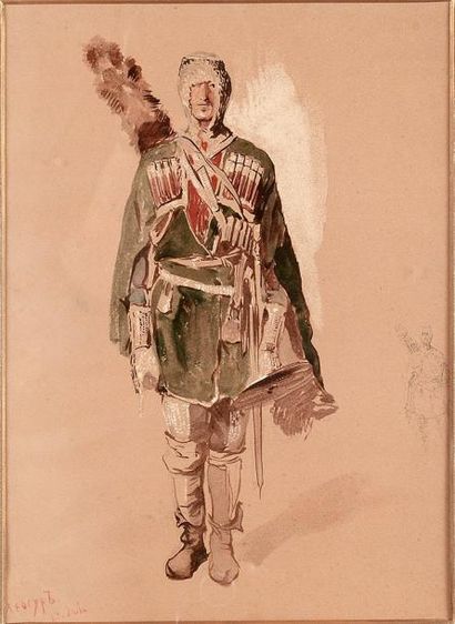 Ecole Russe de la fin du XIXe siècle Portrait d'un tcherkesse. Lithographie colorée,...