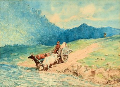 LAG ORIO Lev Feliksovitch (1827-1905) Caravane au bord d'une rivière. Aquarelle signée...